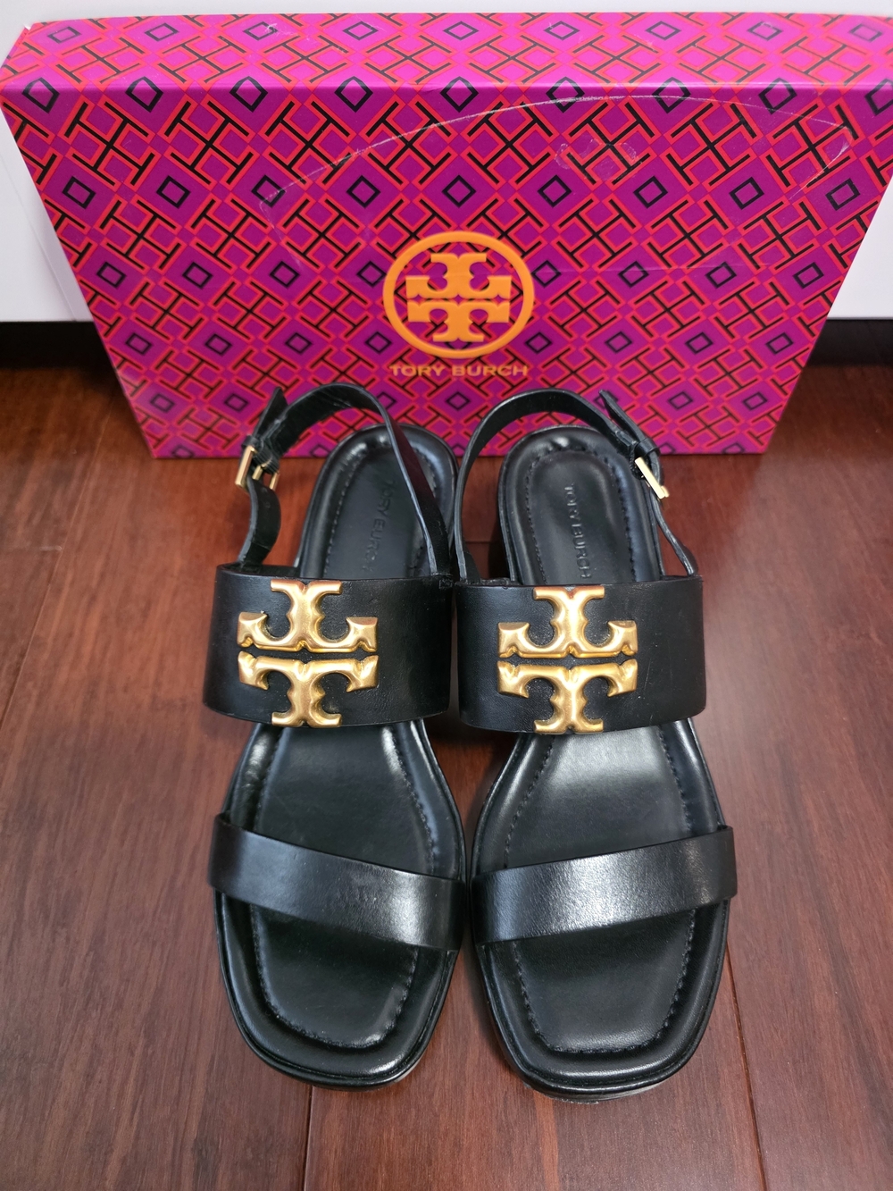 Tory Burch Black Leather Logo Slingback Sandals